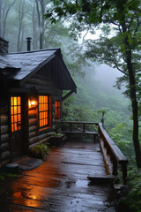 Light shining on cabin door in forest.