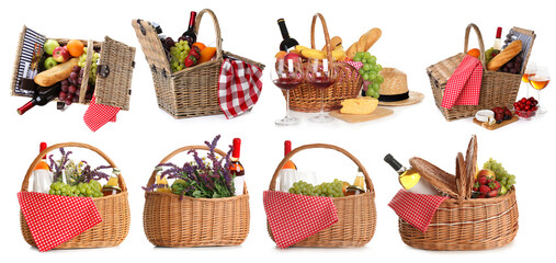 Picnic baskets with foods and drinks isolated on white, set