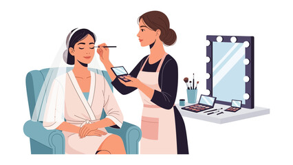 Professional makeup artist applying cosmetics to a client in a salon setting with vanity mirror