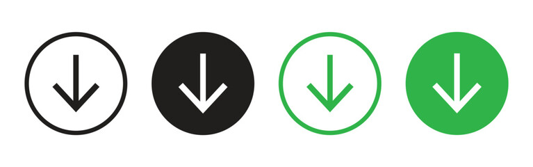 Set of Download Icons with Down Arrow in Circles Vector Illustration