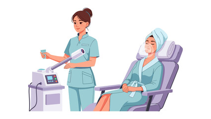 Skilled esthetician performing facial treatment with steamer for relaxed client in spa chair