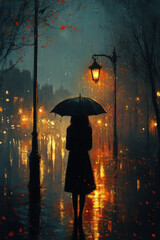 Woman walking in rain with umbrella.
