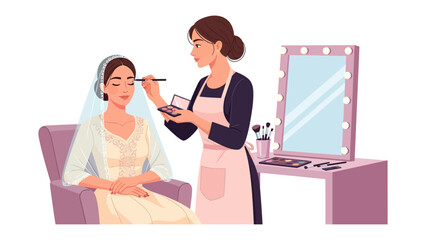 Professional makeup artist applying bridal makeup to a bride in a salon setting with mirror