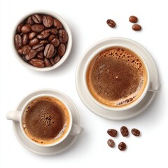 Fototapeta premium An overhead shot of three cups of coffee, presented alongside a bowl of coffee beans