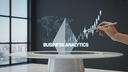 Business analytics projected data: A cutting-edge visualization of data analysis on a sleek, modern desk. a person touches a rising graph. the image epitomizes innovation, business strategy.