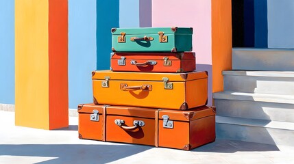 Stacked Vintage Colorful Suitcases on Outdoor Steps with Bright Geometric Background