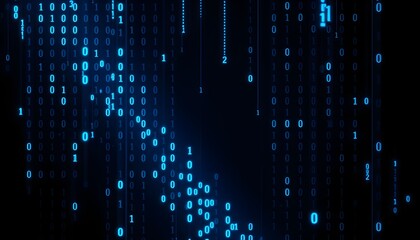 Digital binary code streams down, representing data flow and information technology.