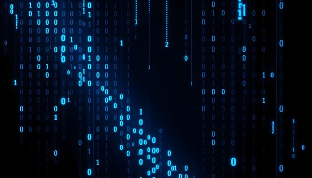 Digital binary code streams down, representing data flow and information technology.