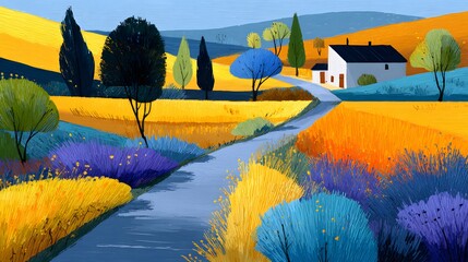 Vibrant Countryside Landscape with Colorful Fields and Pathway Leading to a Quaint House