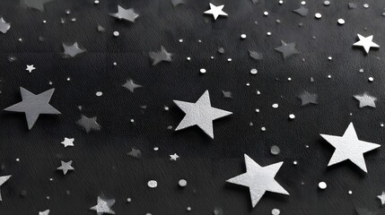Scattered Silver Stars and Shimmering Particles Against a Dark Background in a Dreamy Night Sky