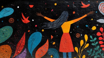 Colorful Mural Depicting Silhouette of a Woman Joyfully Embracing Nature and Freedom
