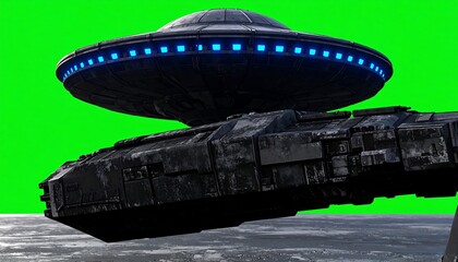 Futuristic alien spacecraft against green screen