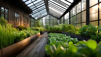 Sunlit Greenhouse Interior Filled With Vibrant Vegetables and Lush Plants in a Serene Environment