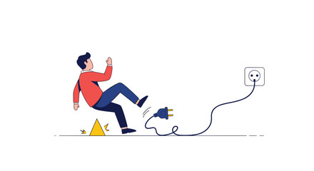 Electrical hazard safety caution sign and person falling near unplugged cord
