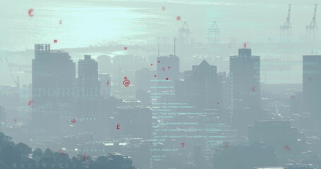 Displaying cluster of high-rise towers over harbor with code overlay and red symbols