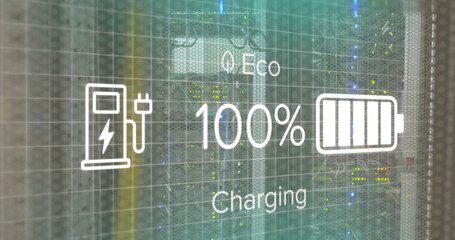 Displaying charging overlay over server racks in data center, with eco 100% battery and bolt icons
