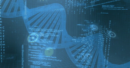 Floating translucent blue DNA helix rotating in cyberspace, with code lines and data vortices