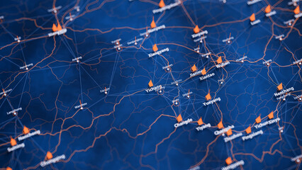 Yichang map big data visualization. Futuristic map infographic of city in China. Visual map data complexity in modern blue and orange colors