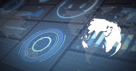 Presenting glowing white globe on right of grid dashboard with dotted map overlays, copy space