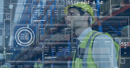 Warehouse worker wearing safety gear monitoring data overlays amid shelving and boxes, copy space