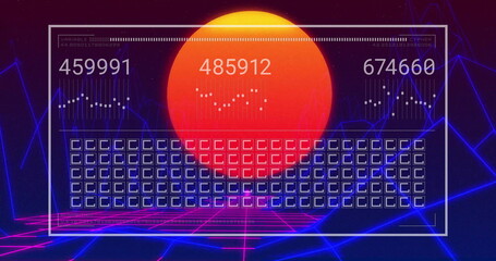 Displaying interface panel with metrics, charts and grid over neon plane, behind glowing sun