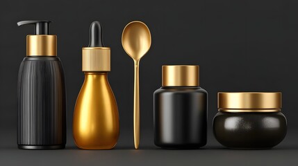 Collection of Elegant Black and Gold Cosmetic Containers with Spoon on Dark Table Surface