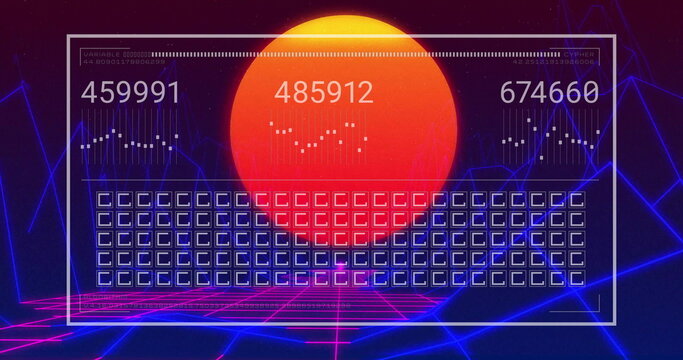 Naklejki Displaying interface panel with metrics, charts and grid over neon plane, behind glowing sun