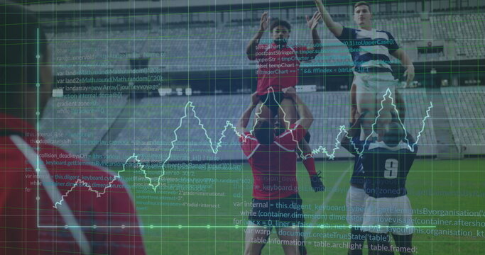 Rugby players jumping for ball in team uniforms on stadium pitch, with code and line graph