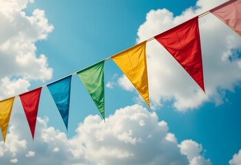 Bunte Wimpelkette aus Dreiecksflaggen am blauen Himmel mit Wolken