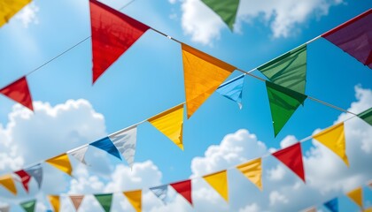 Farbenfrohe Wimpelgirlande diagonal vor hellem Sommerhimmel