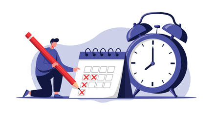Man marking dates on calendar with pencil next to alarm clock showing time management