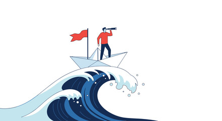Fototapeta premium Man standing in small boat looking through telescope on large wave