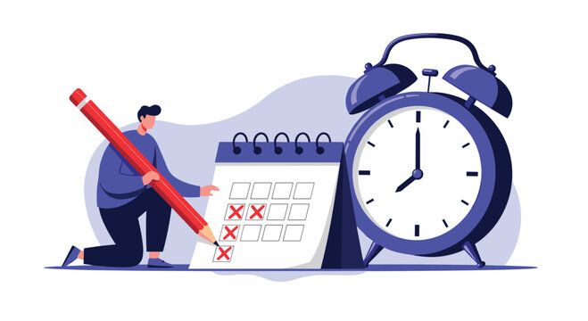 Man marking dates on calendar with pencil next to alarm clock showing time management