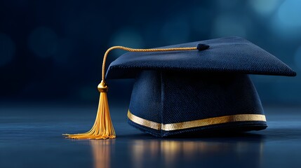 Graduation Cap with Golden Tassel on a Reflective Surface Celebrating Academic Achievement