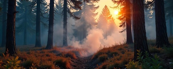 Controlled Burn in Pine Forest Sunlight Filters Through Smoke, Creating a Hazy Atmosphere as Flames Clear Undergrowth, Promoting Healthy Regrowth