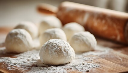 Fototapeta premium Balls of fresh dough sprinkled with flour, ready for baking, on a rustic wooden surface with a rolling pin in the background. Perfect for bread, pizza, or pastry preparation