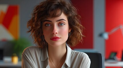 Portrait of a Confident Young Woman with Curly Hair in a Modern Office Environment