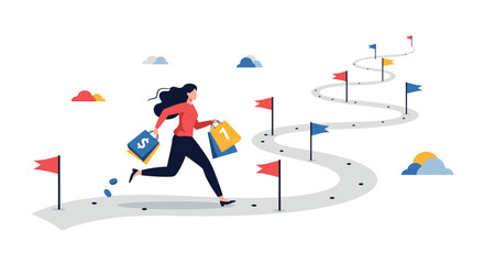 Woman with shopping bags racing towards success and achieving goals on winding path