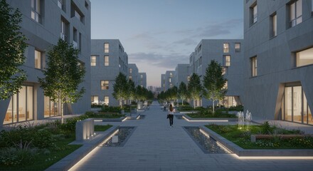 Obraz premium A walkway lined with modern buildings and trees A person walks away in the distance