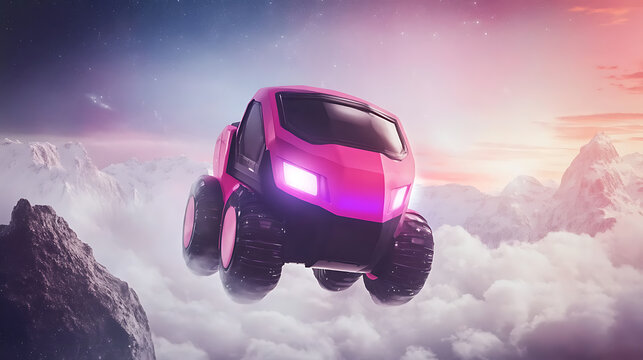 Futuristic Hovercraft Soaring Above Clouds at Sunset - Powered by Adobe