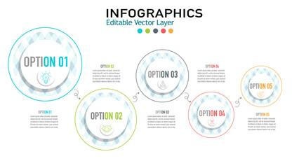 Fototapeta premium A circular infographic with five options, icons, and text. Ideal for business presentations, marketing, and reports.