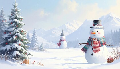 Obraz premium A charming snowman stands tall in a serene winter wonderland, surrounded by snow-covered trees and distant mountains