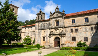 Fototapeta premium Historic monastery facade, tranquil garden