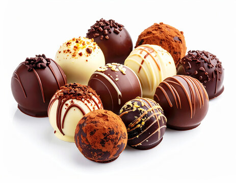 Assorted chocolate truffles different fillings. AI