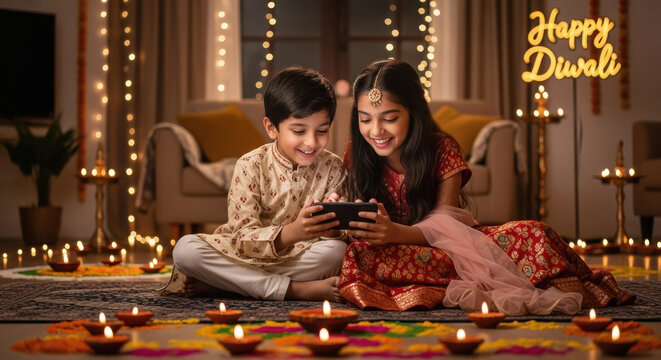 happy indian brother and sister using smartphone together on diwali festival