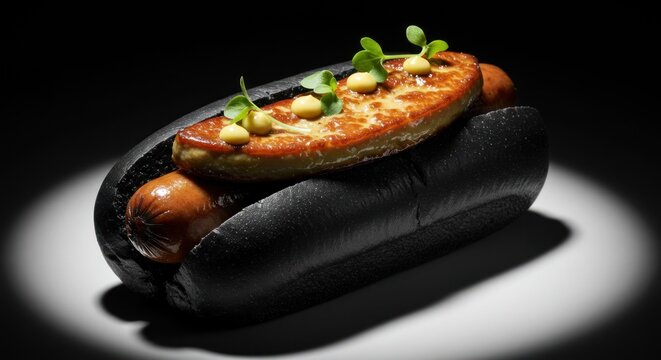 Gourmet hotdog wblack bun sausage foie gras microgreens  sauce Spotlighted on a black background