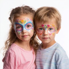 Two children with colorful face paint, smiling charmingly at the camera. They are standing close together, wearing expressive designs