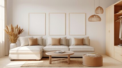Minimalist Interior Design with Empty Frames and Neutral Color Palette