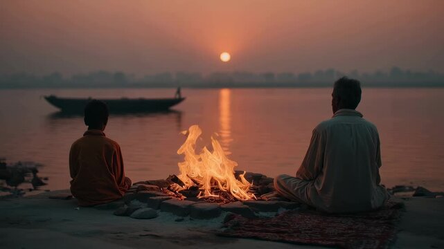 Two men sit by a sacred river during a Tarpan ritual at sunrise. They are engaged in a spiritual ceremony, offering water and meditating by a fire.