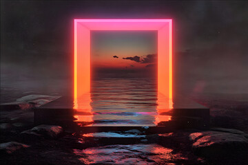 Neon illuminated portal with a reflective water surface leading to a sunset sky. Digital art concept for abstract and futuristic visualization.